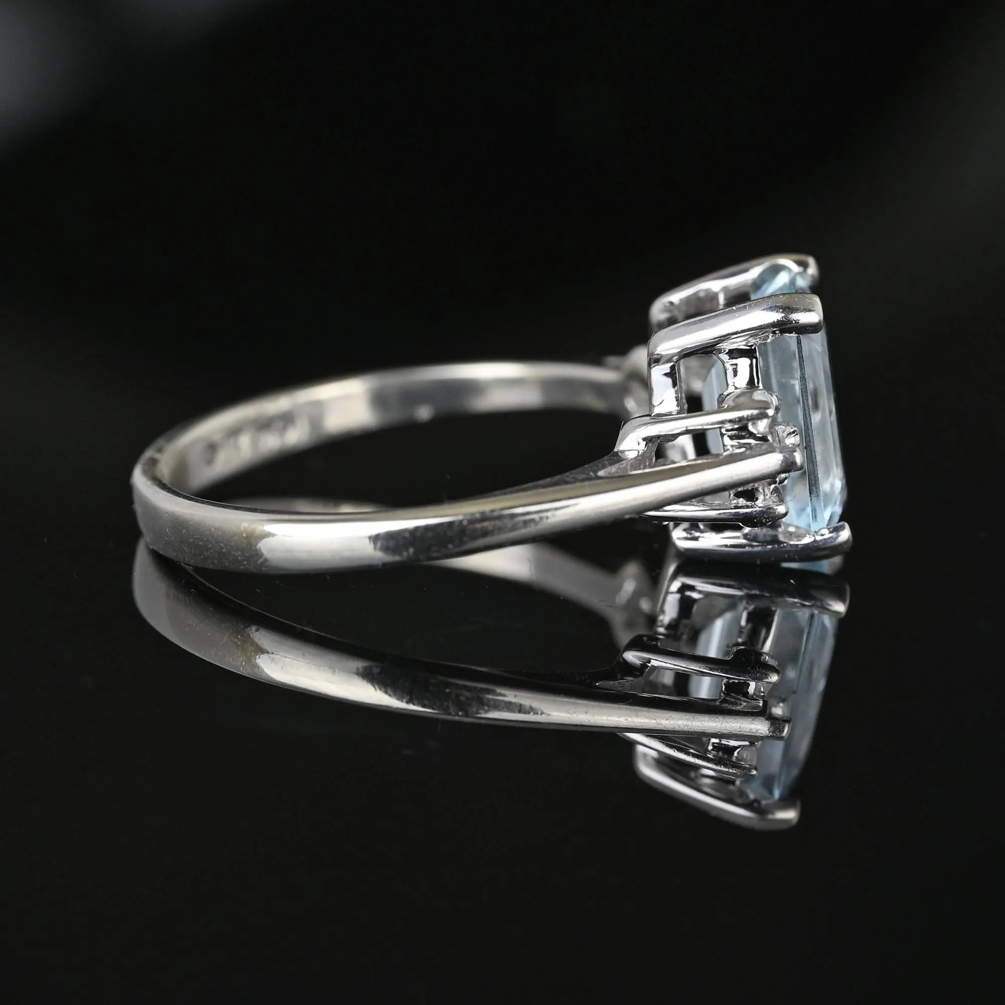 Vintage Baguette Diamond Blue Aquamarine Ring in White Gold