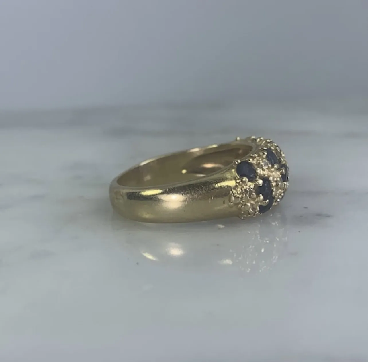 Vintage Sapphire and Diamond Ring set in 14k Yellow Gold. Unique Wedding Band. September's Birthstone.