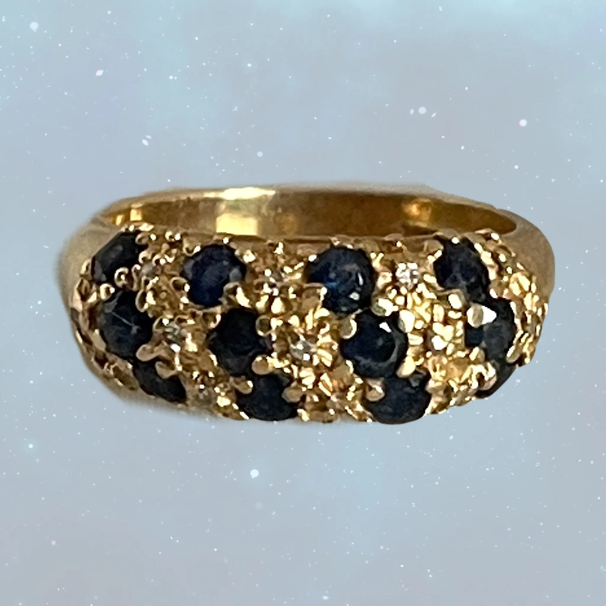 Vintage Sapphire and Diamond Ring set in 14k Yellow Gold. Unique Wedding Band. September's Birthstone.