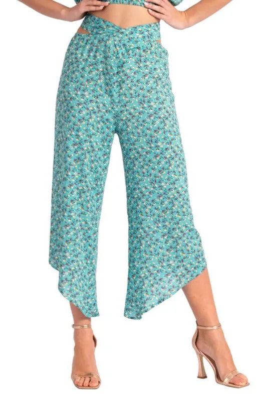 Waist Tie Veraman Floral Print Asymmetric Cropped Tango Pants