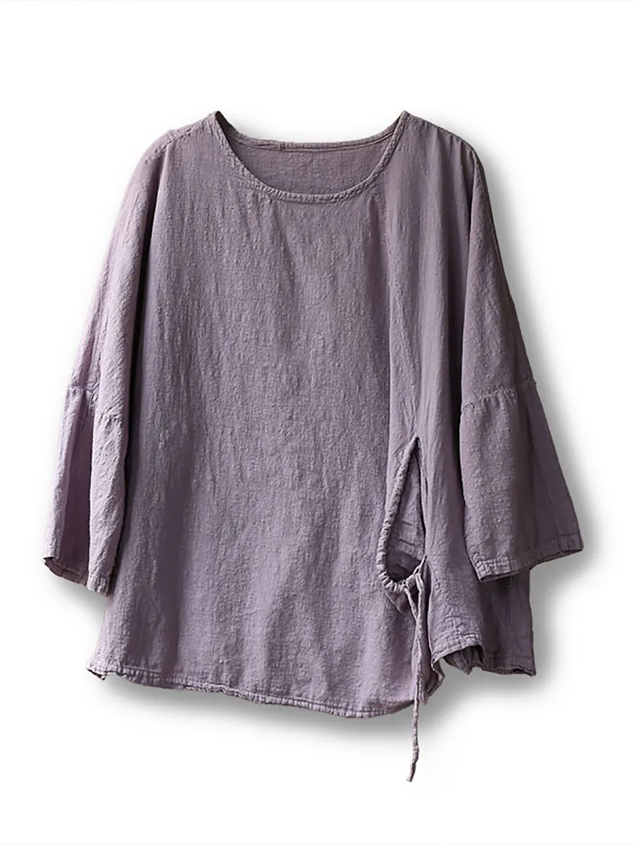 Women Spring Vintage Purple Drawstring Cotton Shirt SC1018