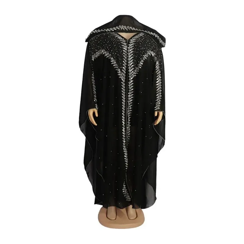 Women's Chiffon African Hooded Dress – Traditional Abaya Kaftan with Dashiki Print, Elegant Robe Gown