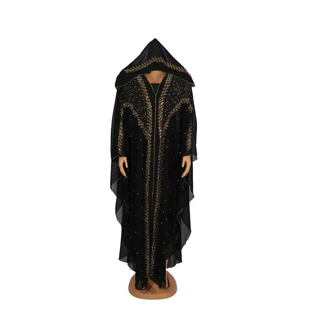 Women's Chiffon African Hooded Dress – Traditional Abaya Kaftan with Dashiki Print, Elegant Robe Gown