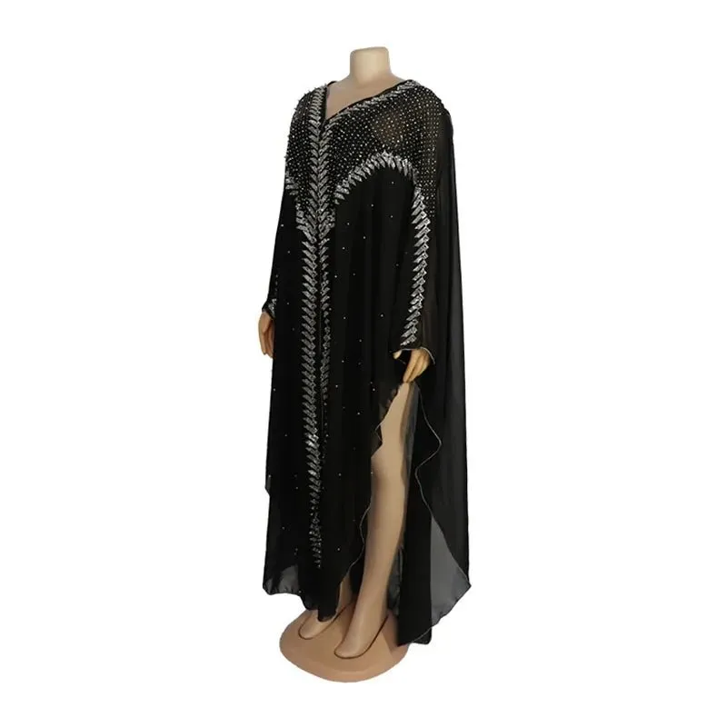 Women's Chiffon African Hooded Dress – Traditional Abaya Kaftan with Dashiki Print, Elegant Robe Gown