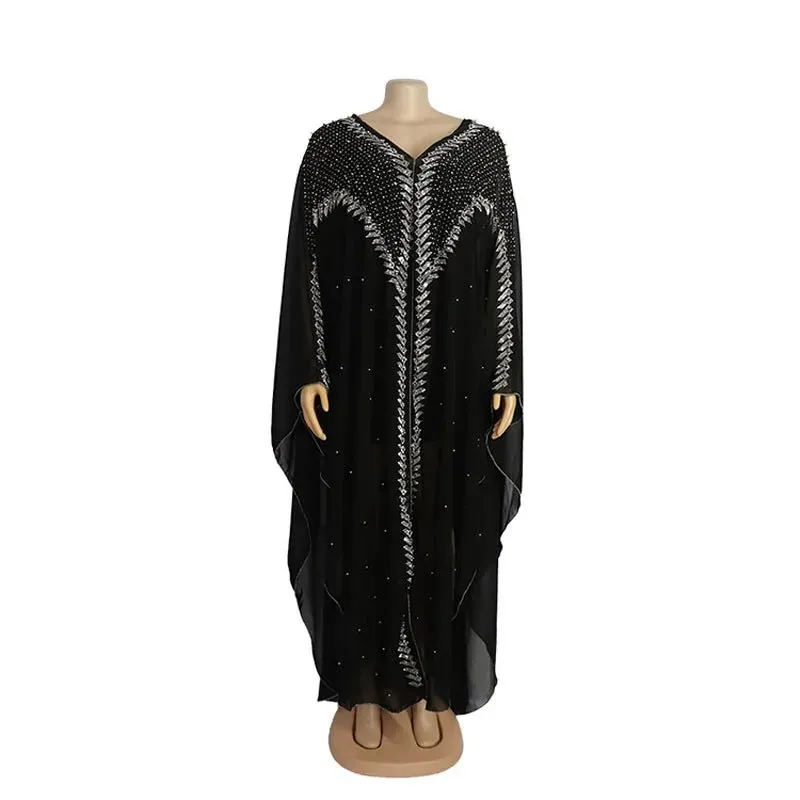 Women's Chiffon African Hooded Dress – Traditional Abaya Kaftan with Dashiki Print, Elegant Robe Gown