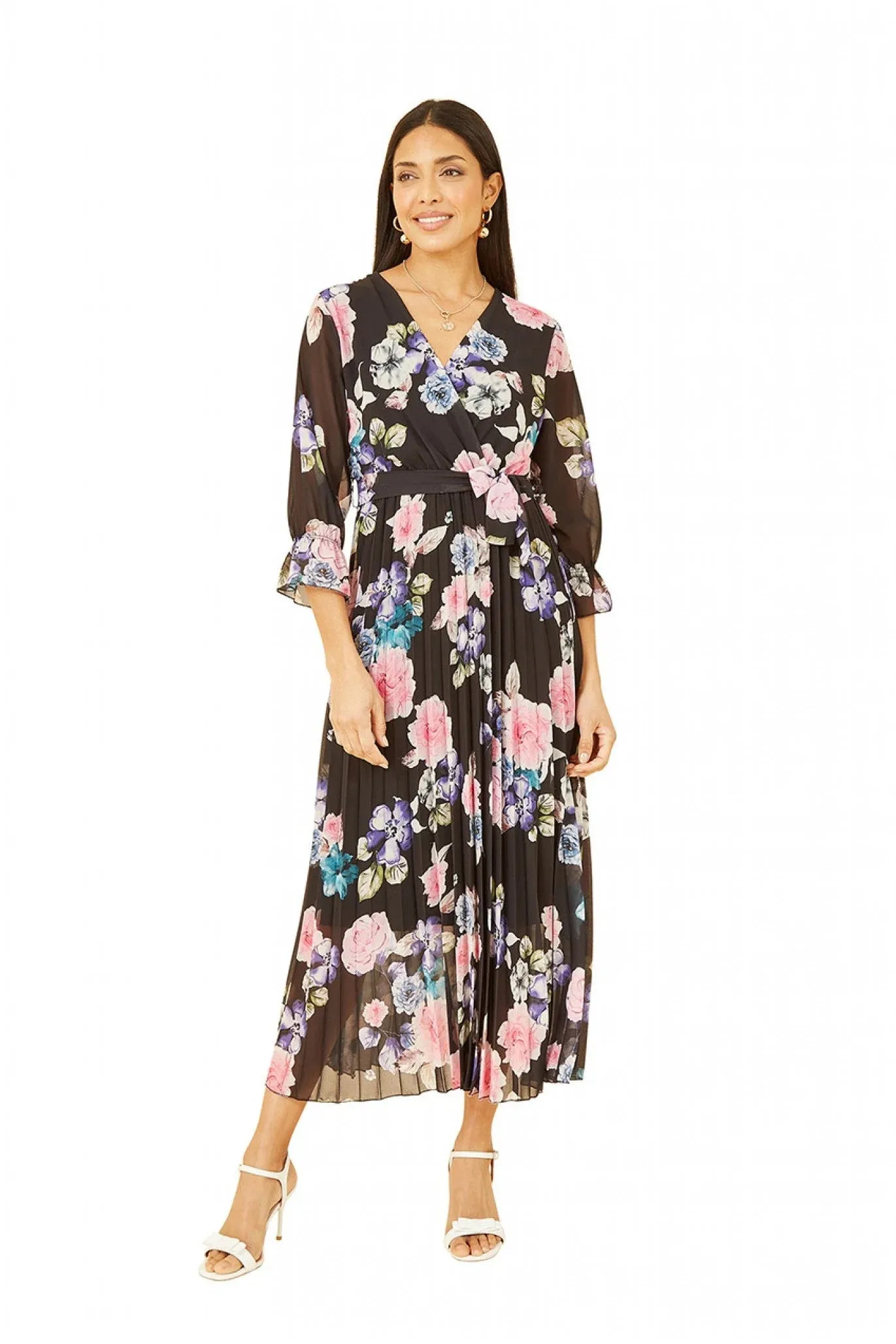 Yumi Black Floral Pleated Wrap Midi Dress